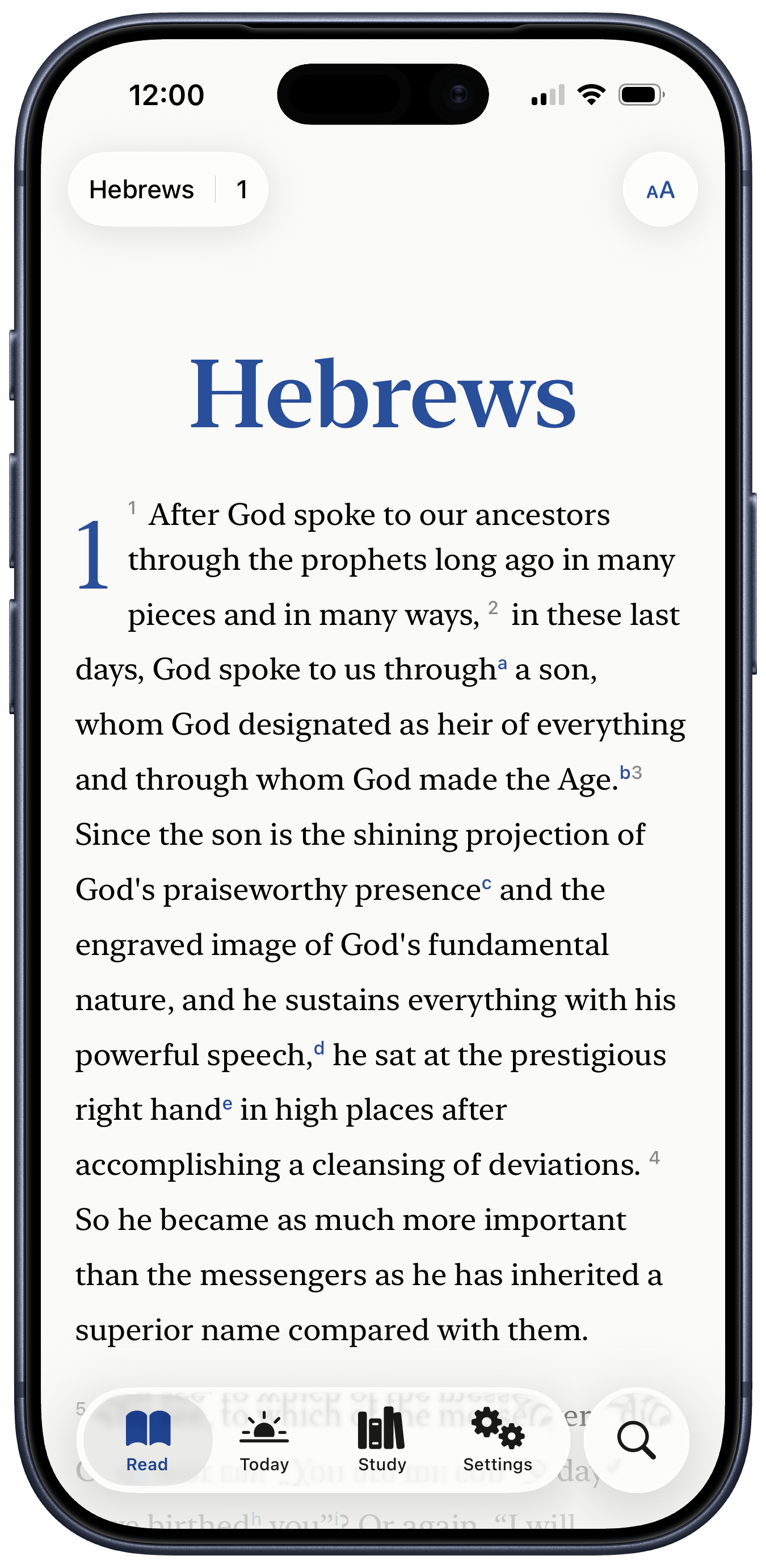 LIT Bible showing Hebrews 1 with Advent accent color