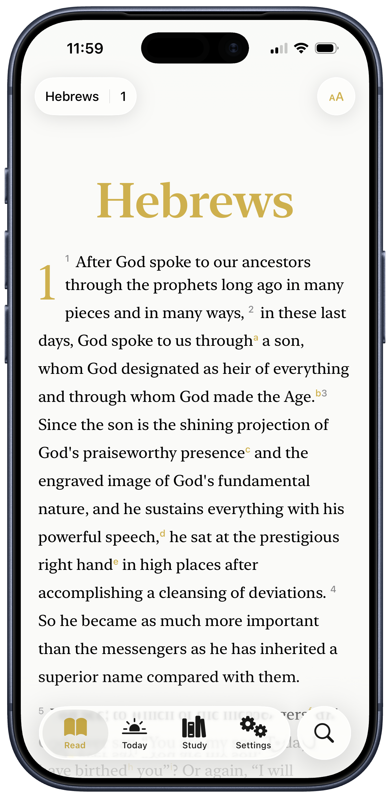 LIT Bible showing Hebrews 1 with Easter accent color