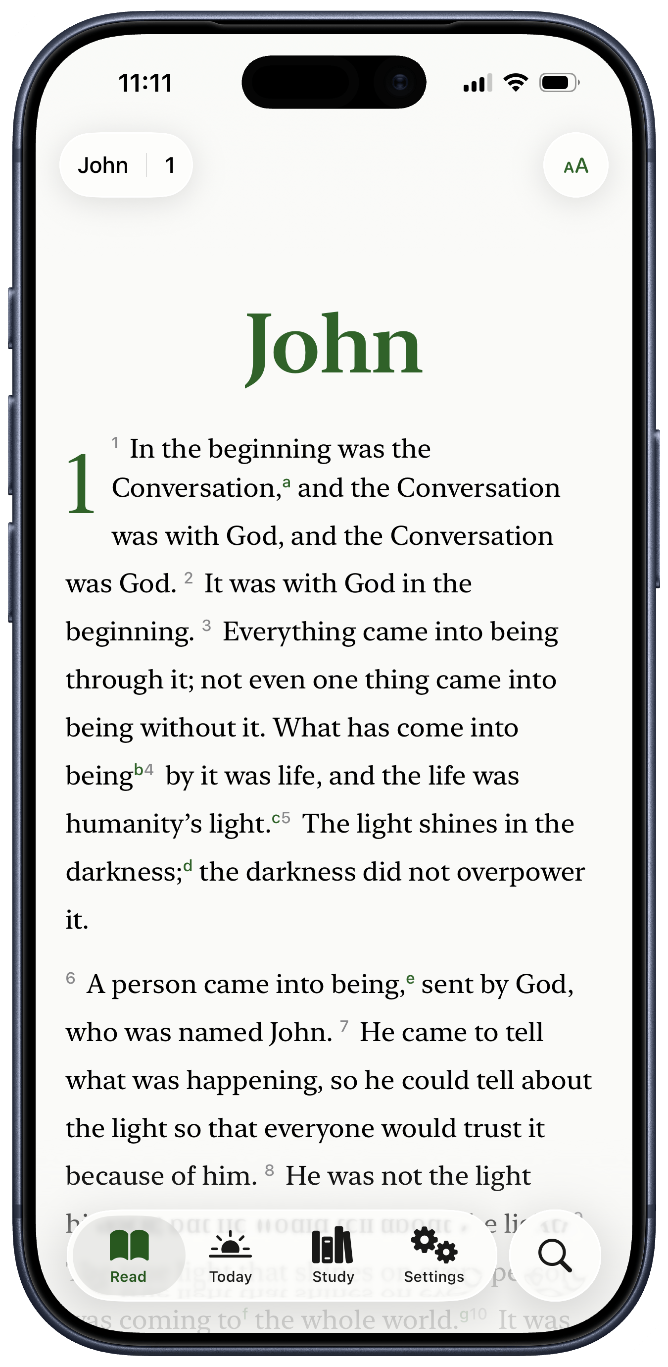 LIT Bible app showing John 1 — 'In the beginning was the Conversation' — with the app's Ordinary Time green accent